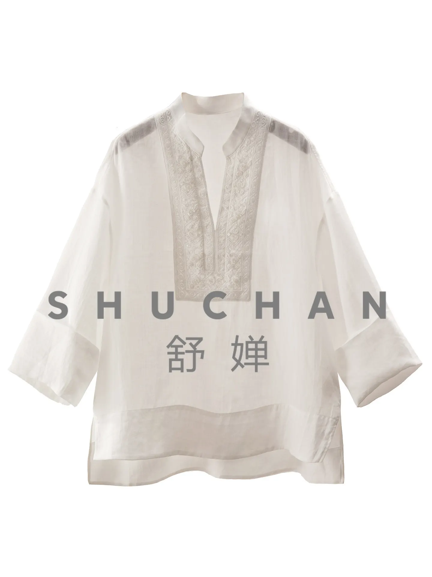 

White Shirt High Luxury and Pure, Cabinet Designer Ramie Bead Embroidered Loose Shirt Women 46J9