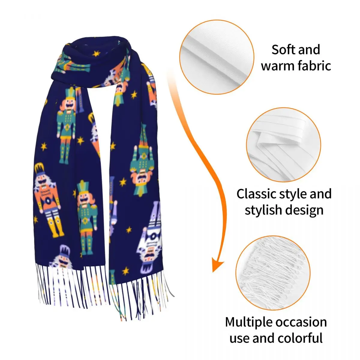 Christmas Nutcrackers Soldier Pattern Scarf Wrap for Women Long Winter Warm Tassel Shawl Unisex Fashion Versatile Female Scarves