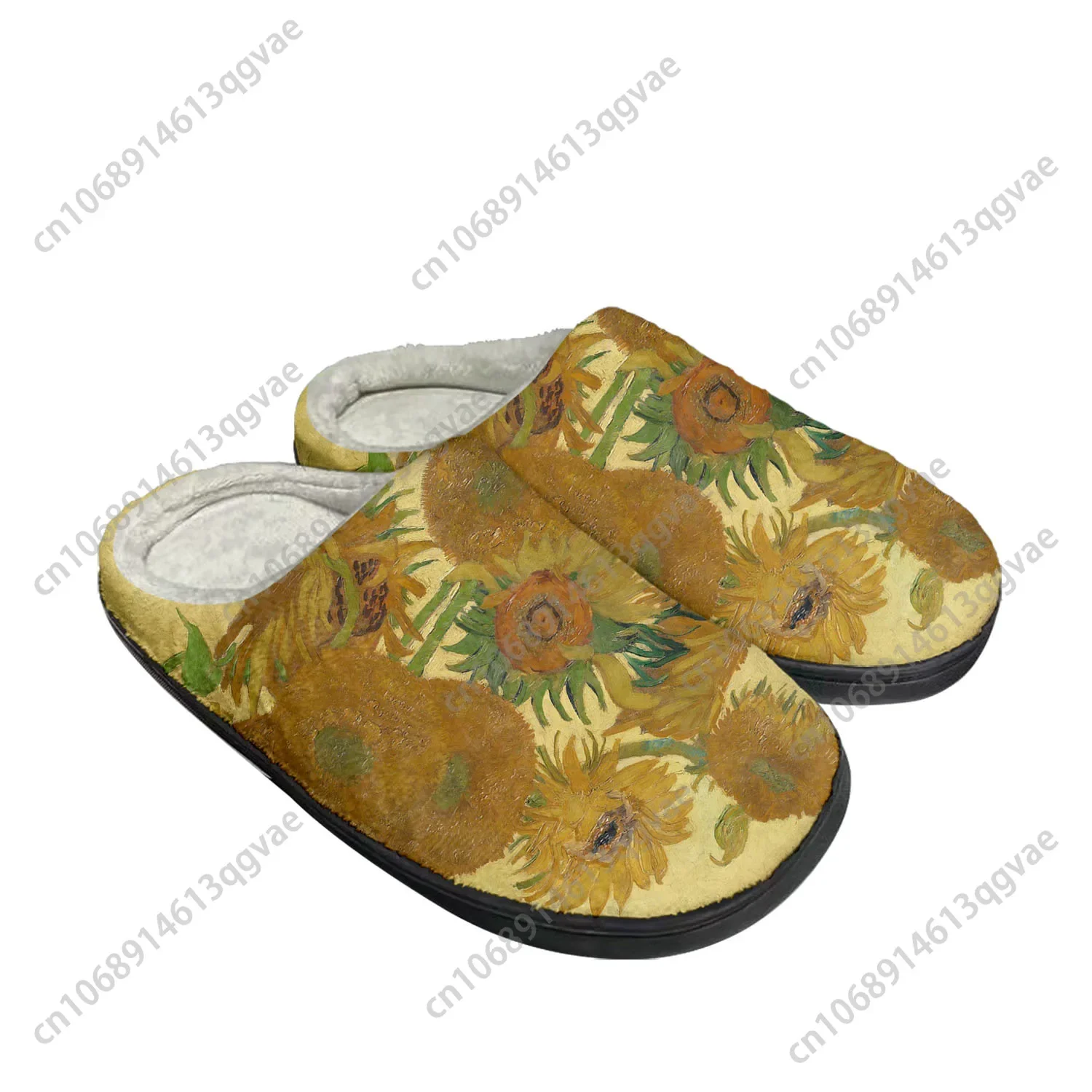 Van Gogh Oil Painting Sunflower Home Cotton Custom Slippers Mens Womens Sandals Plush Bedroom Keep Warm Shoes Thermal Slipper