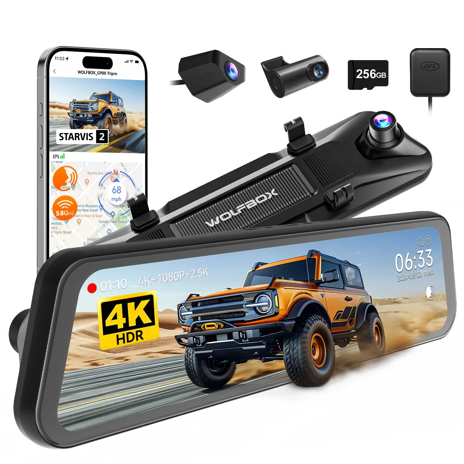 Wolfbox G900TriPro Distributor Bumper Version 3 Channel Rearview Mirror Dash Cam 4k Black Car     with Gps