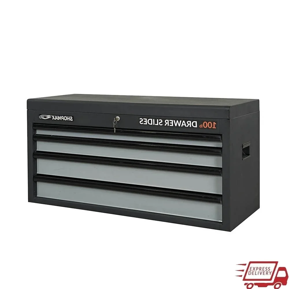 

4-Drawer Tool Chest Heavy Duty Steel Storage Organizer Smooth Gliding Ball Bearing Drawers Keyed Locking System Aluminum Handles