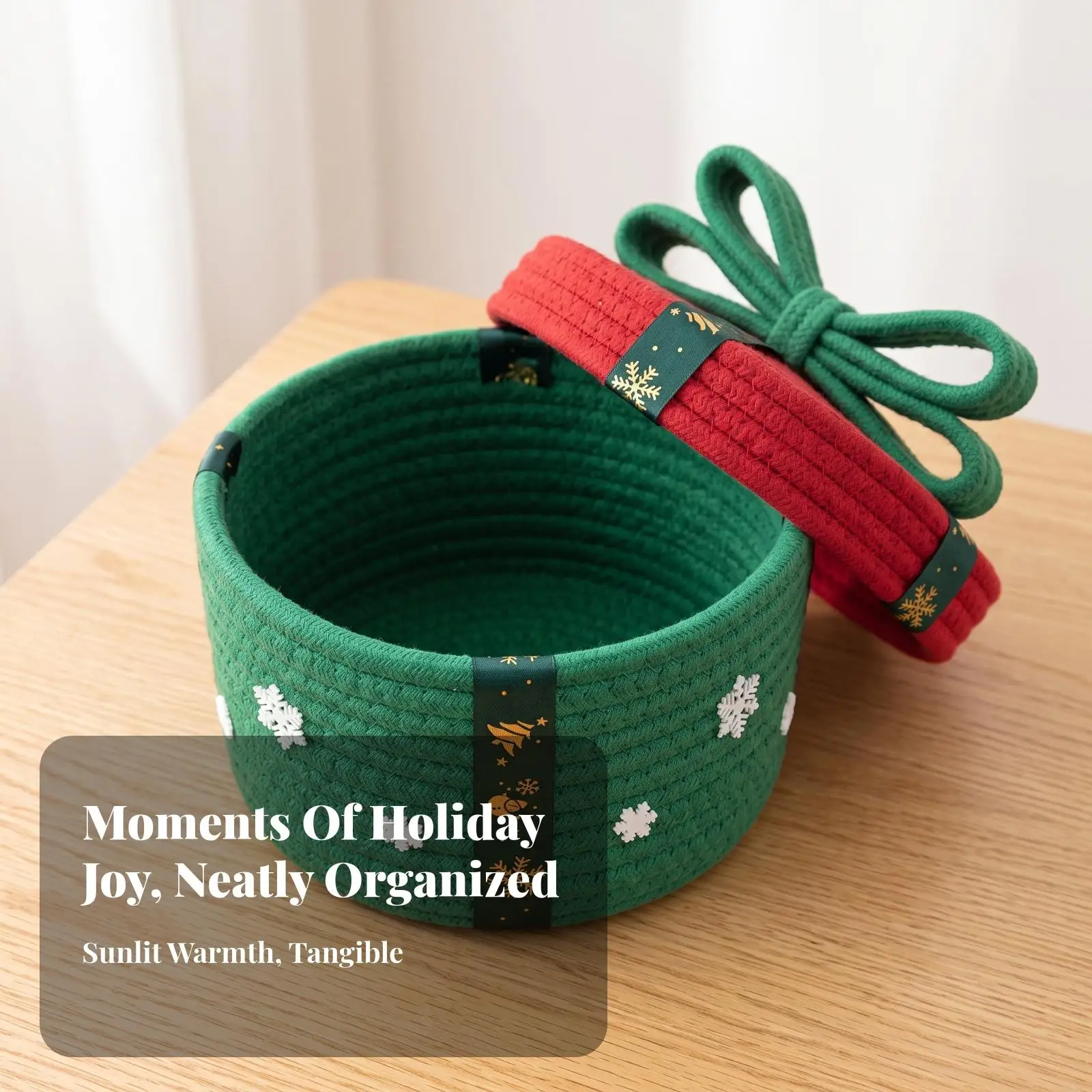 Woven Cotton Storage Basket with Vertical Ribbon Design for Desk Shelf Organization Cute Gift Box