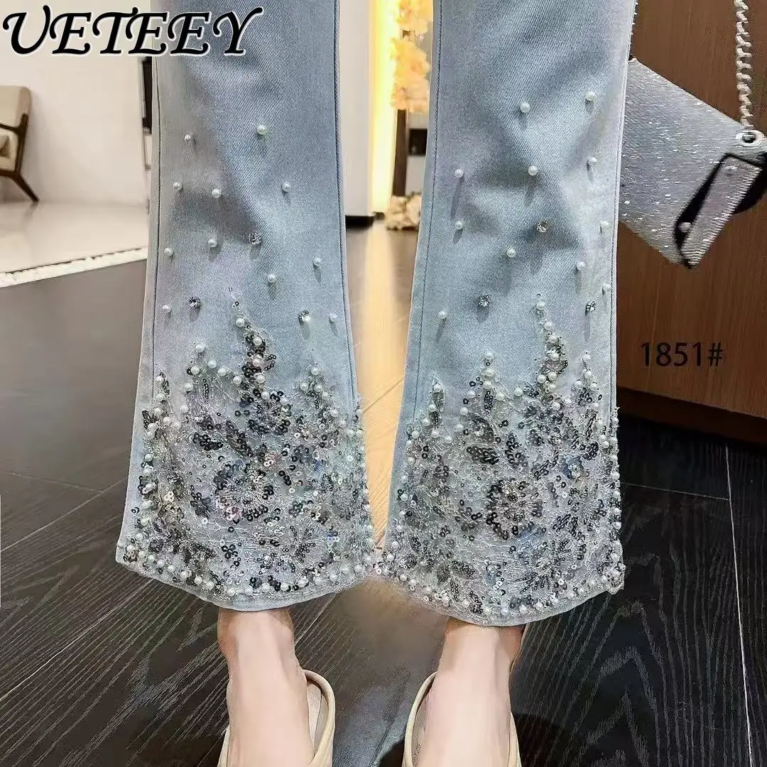 

6Xl Dominated Jeans Women 2025 Summer New Heavy Industry Pressure Drill Denim Pants Elastic High Waist Strength Blue Bell Pants