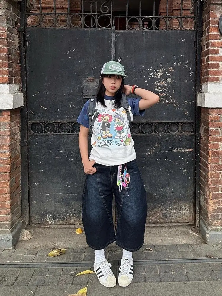 グランジ折衷ふくらはぎ丈デニムパンツヴィンテージカジュアルくだらないエモパンツ女性の Y2K レトロハイウエスト 2000 年代ストリートジーンズ