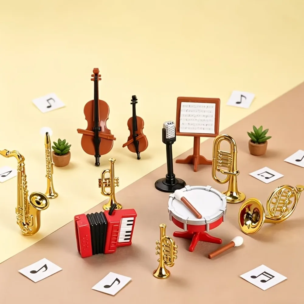 Miniature Musical Instrument Figurines Set Mini Guitar Saxophone Violin Accordion Drum Model Dollhouse Decor Ornament for Gift