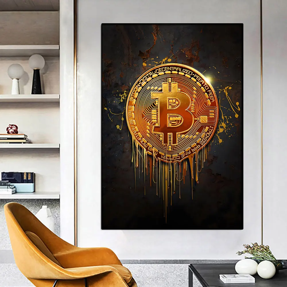 Abstract Gold Bitcoin Paint Drops Down Print and Poster Wall Art Canvas Painting Wall Picture For Living Room Home Cuadros Decor