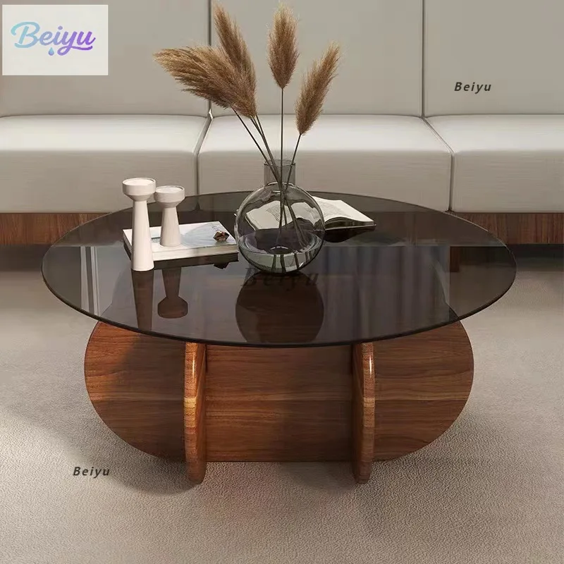 

Light luxury glass coffee table modern simple small apartment living room round solid wood home creative design sofa side table