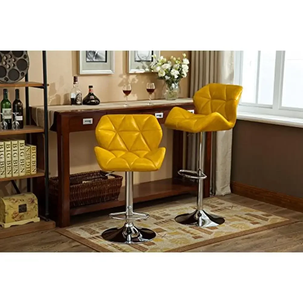 Adjustable Height Swivel Faux Leather Bar Stools Set of 2 Yellow Diamond Tufted PU Seat Footrest Comfort Stable Base Gas-lift