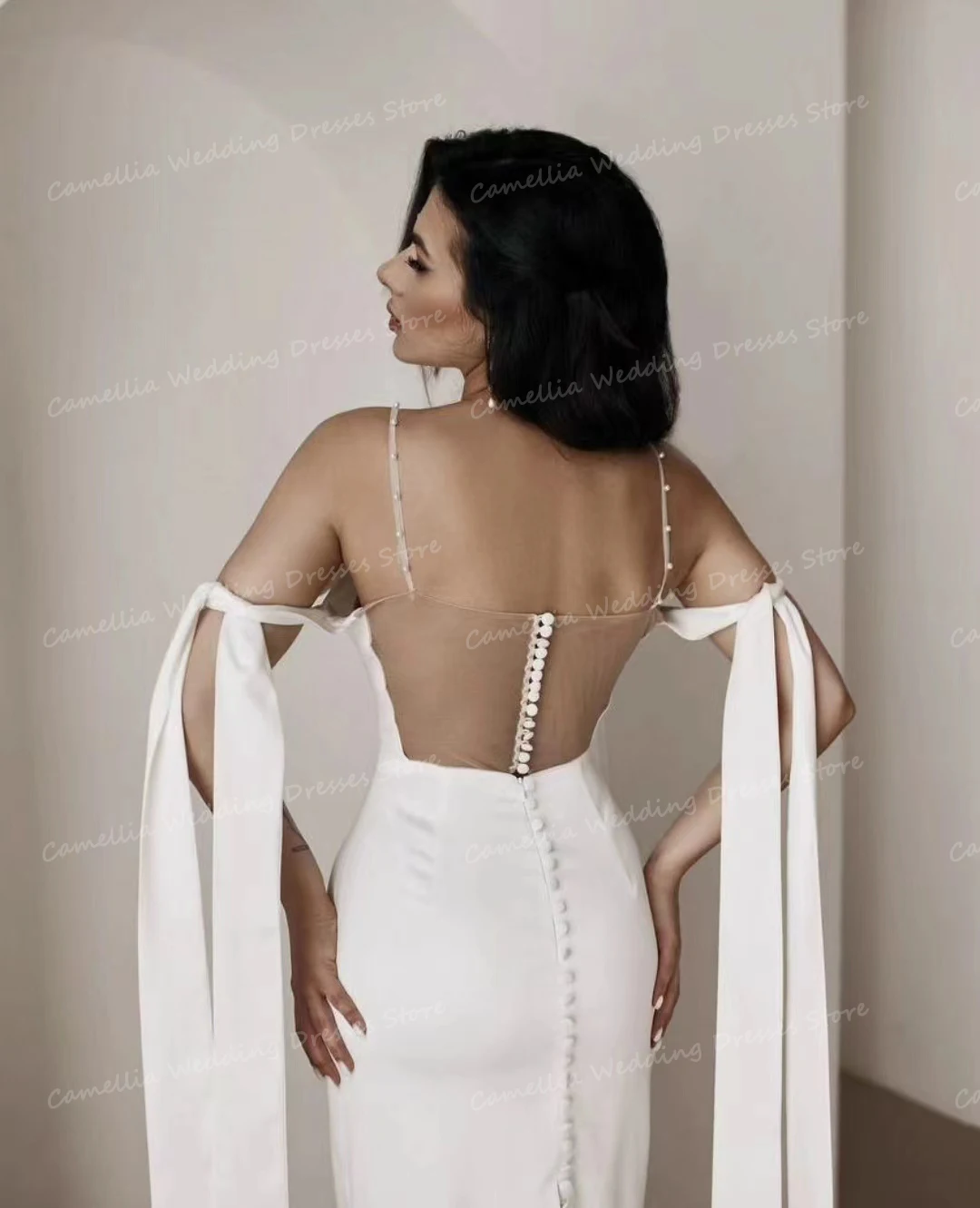 Elegante Thee-Lengte Trouwjurken Zeemeermin Voor Vrouwen Sexy Off Shoulder Rugloze Mouwloze Bruidsjurken Formele Robe De Mariée