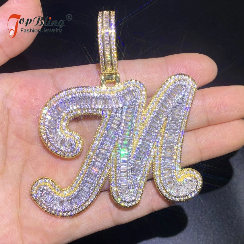 

TopBling Initials Baguette Cursive Letter Pendant Necklace For Men Women Iced Out Hip Hop Chain Fashion Rock Jewelry Gift A-Z