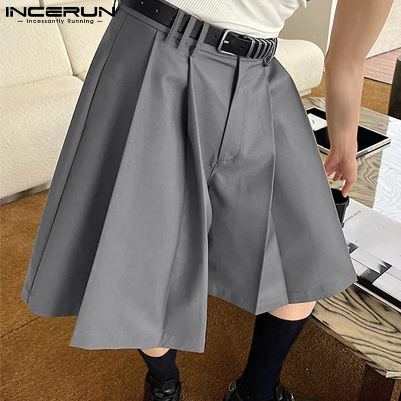 INCERUN 2024 Korean Style New Men\'s Shorts Loose Pleated Design Wide Leg Pants Casual Streetwear Solid Comfortable Shorts S-5XL