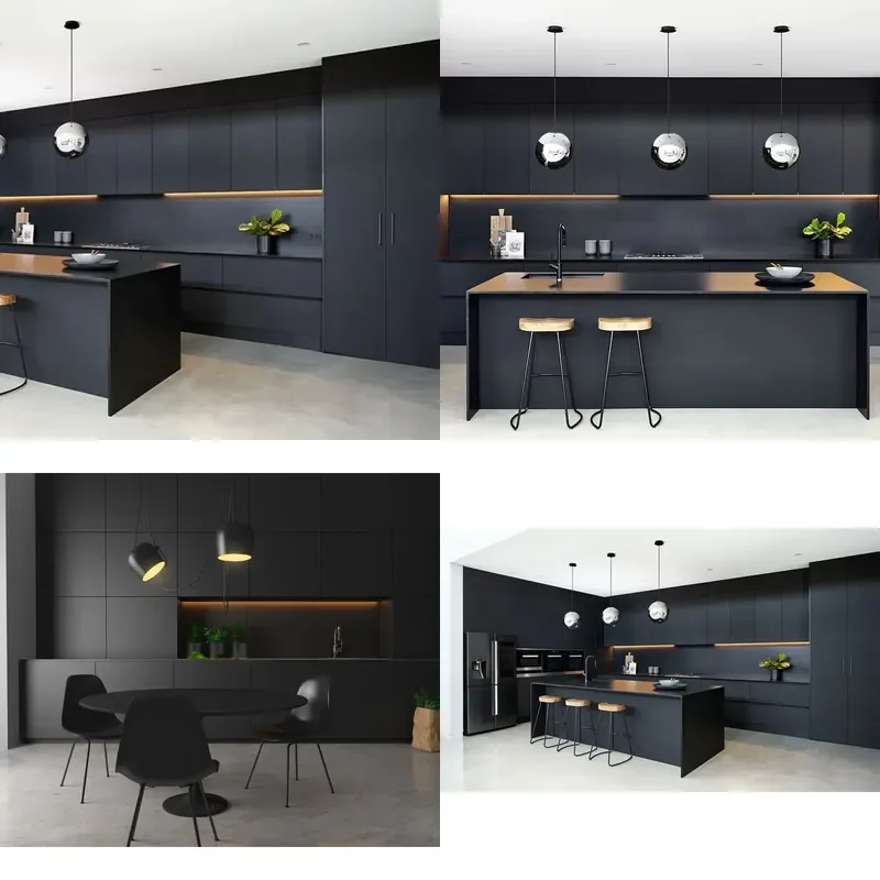 Black High Glossy Lacquer Modular Kitchen Cabinet Set with Marble Countertop and Faucet Modern Design Soft Close Hardware