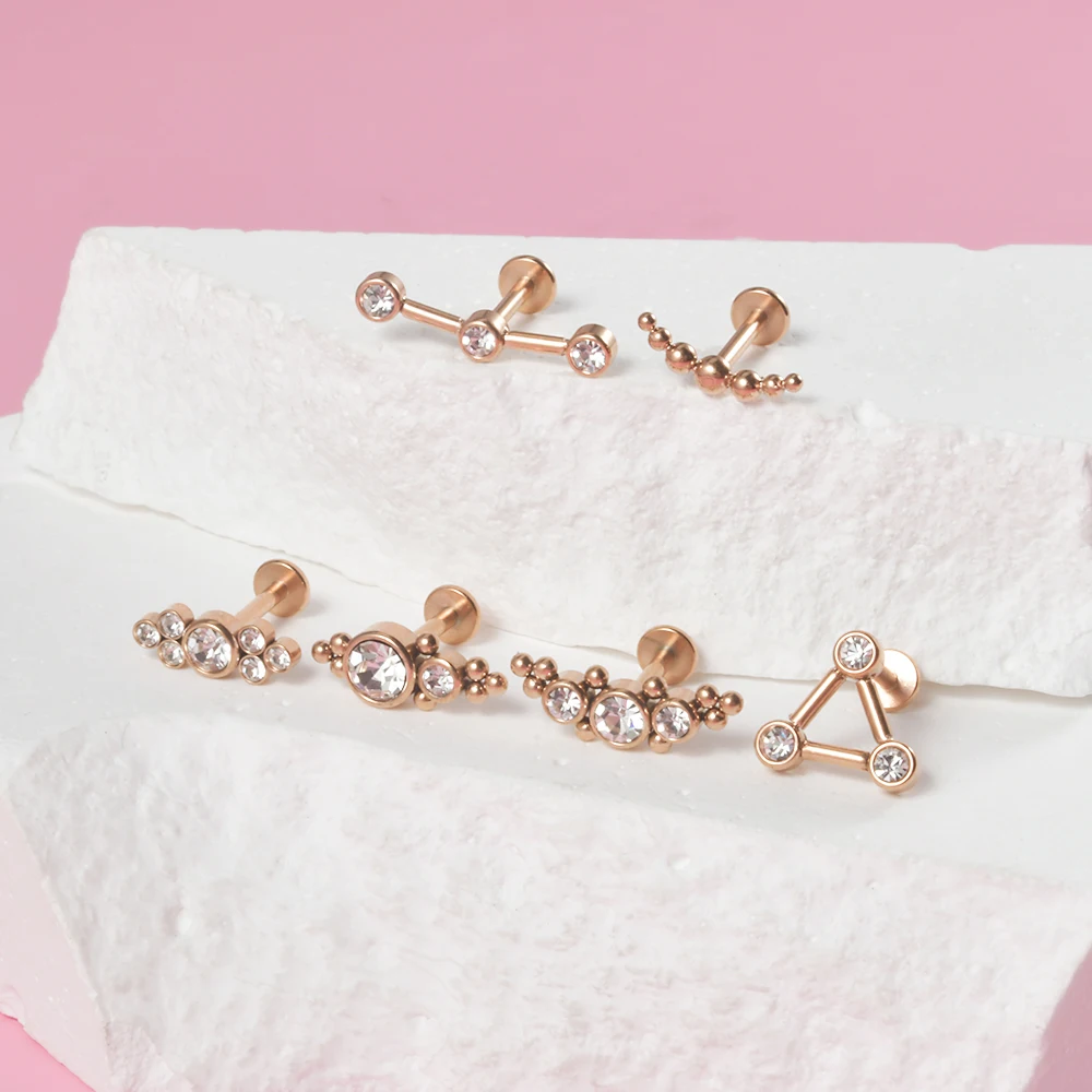 Aço cirúrgico Rose Gold Cor Labret Lip Stud, CZ Cluster, Cartilagem da orelha, Tragus Helix, Daith Piercing, Jóia do corpo, 16g, 1Pc