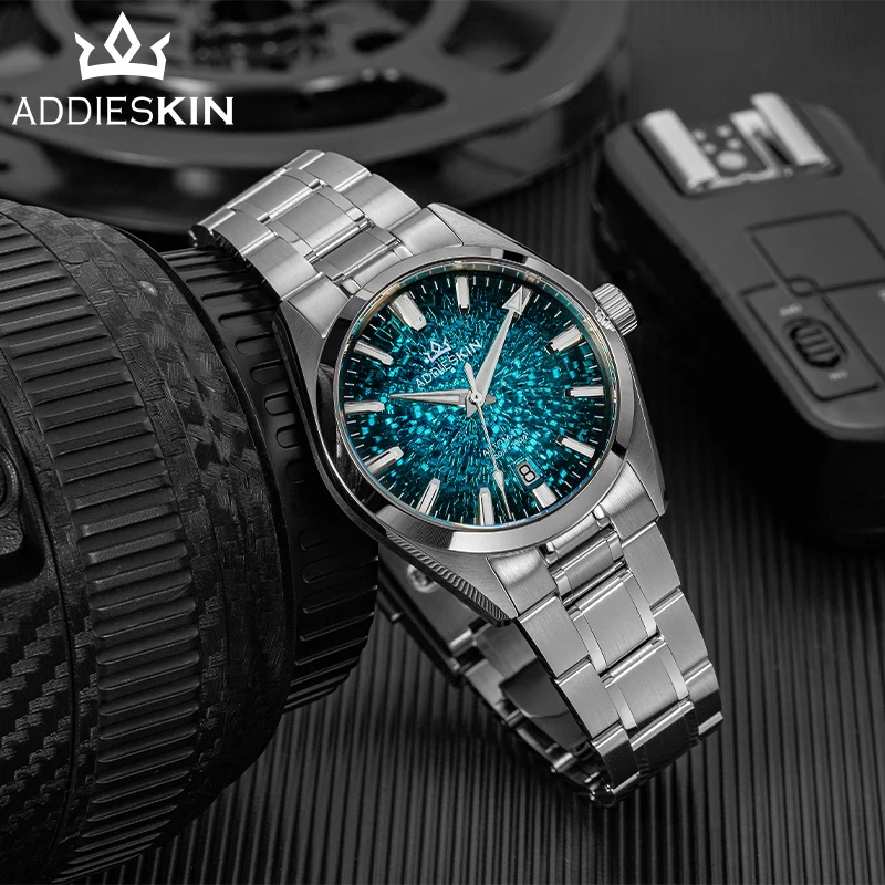 AddiesKin K003 Men's Mechanical Watch Sunray Gradient Dial Wave Texture 9015 24 Jewels Exhibition Caseback Bracelet Polished