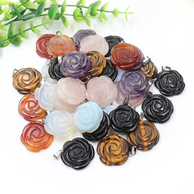 5pcs Natural Amethyst Rose Carving 28mm Pendant Charm Jewelry Making Healing Crystal Energy Chakra Balancing Reiki Romance Gift