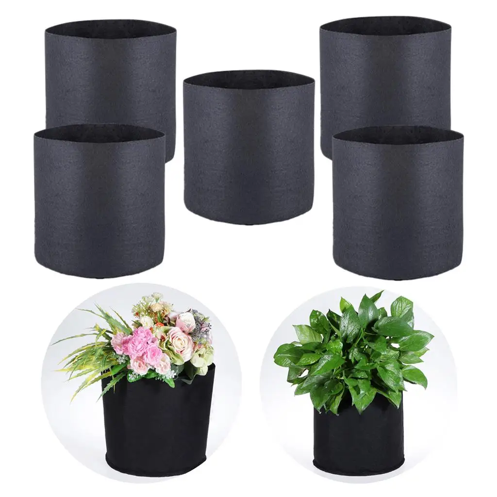 5x Black Round Nonwovens Fabric Planter Pots Container Pocket