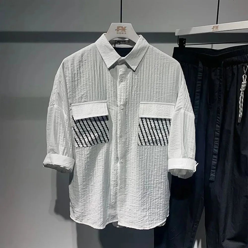 Y2K Mens Shirt Patchwork Striped Pocket Short Sleeved Shirt Summer Casual Tassel Sequin Fashion Japanese Top Men's Clothing 2024