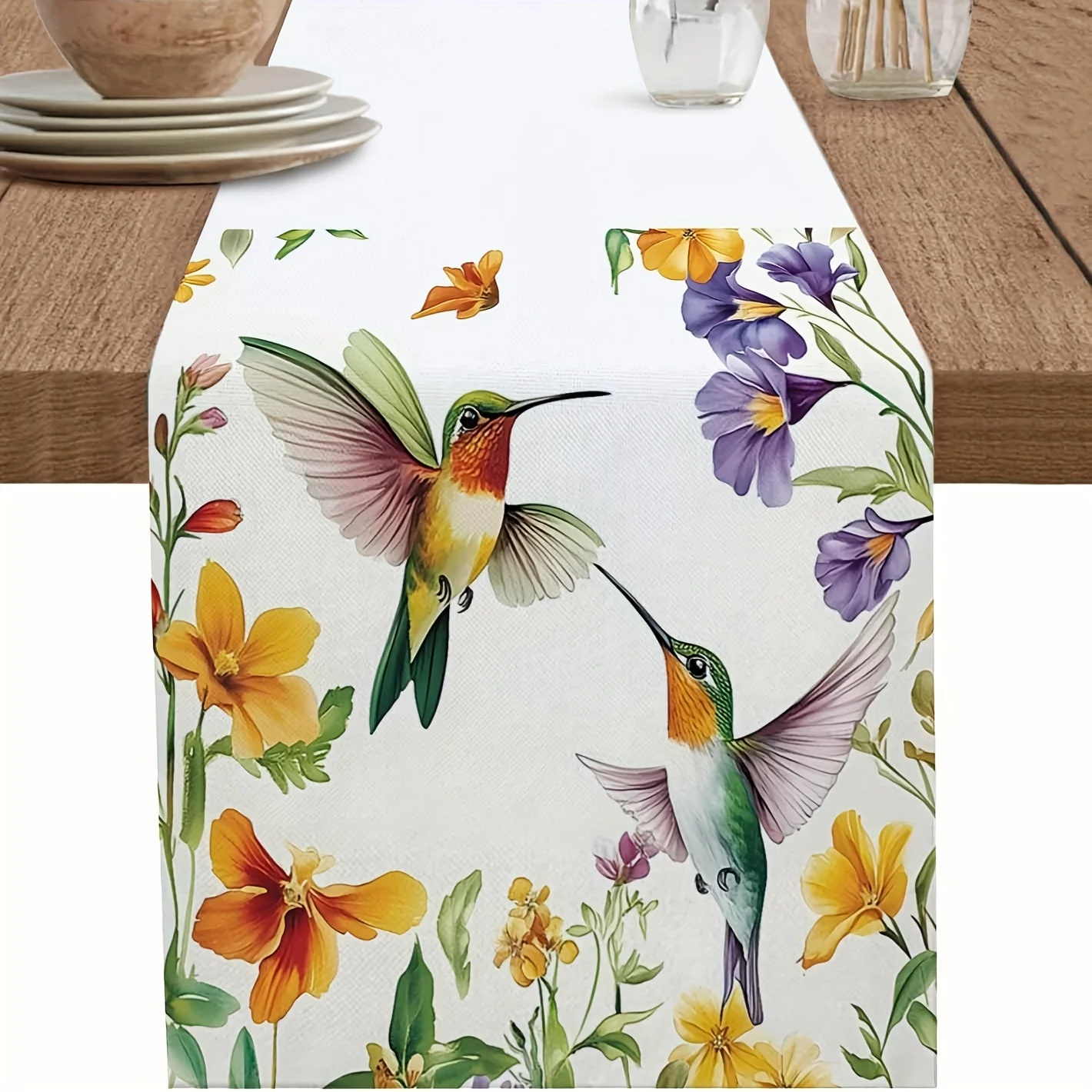 Watercolor Flowers Hummingbird Linen Table Runner Holiday Party Decor Summer Floral Kitchen Dining Table Runners Home Decoration