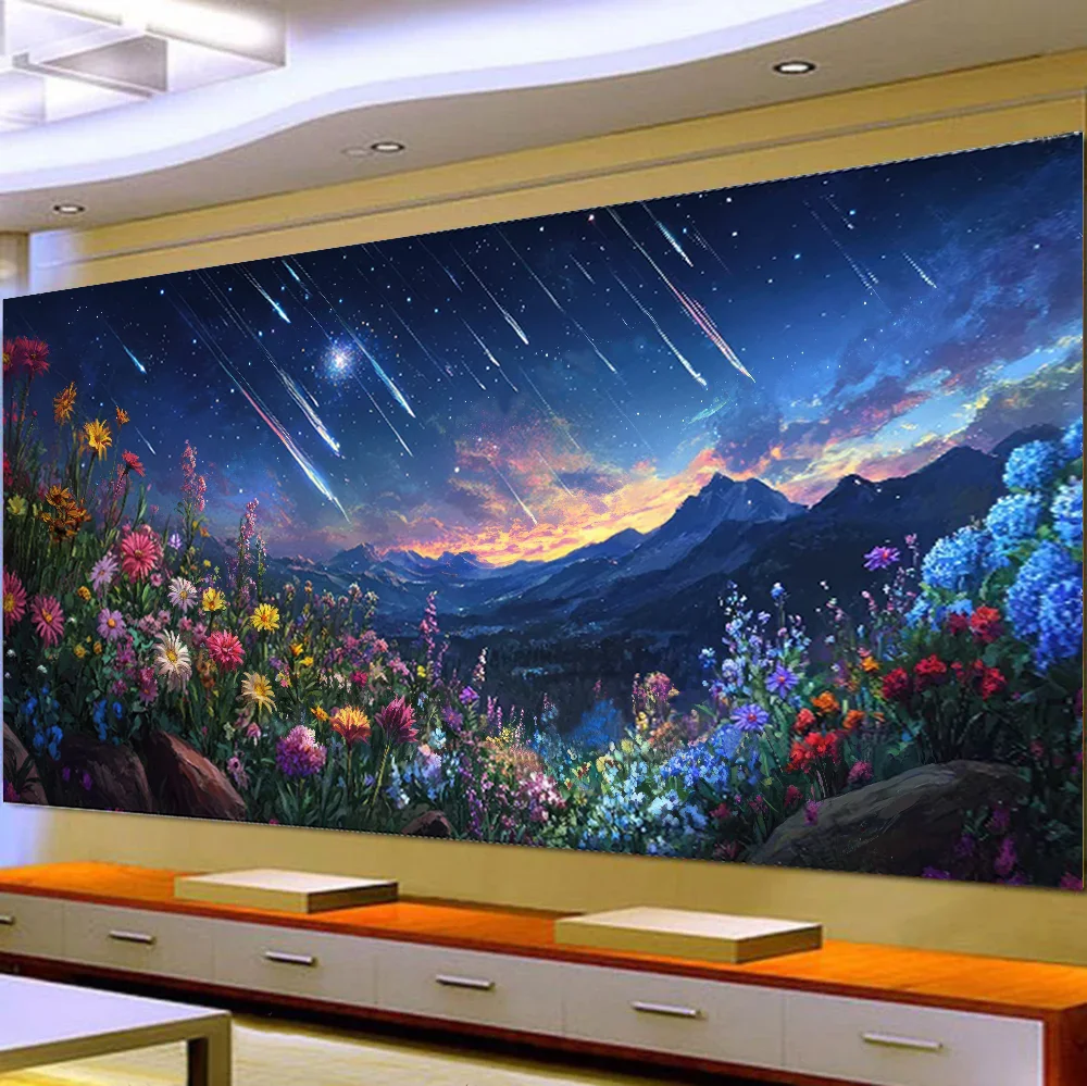 5D DIY Large Diamond Painting Cross Night Sky Shooting Stars Flowers Landscape Wall Art, Full Round Drill, Embroidery Home Decor