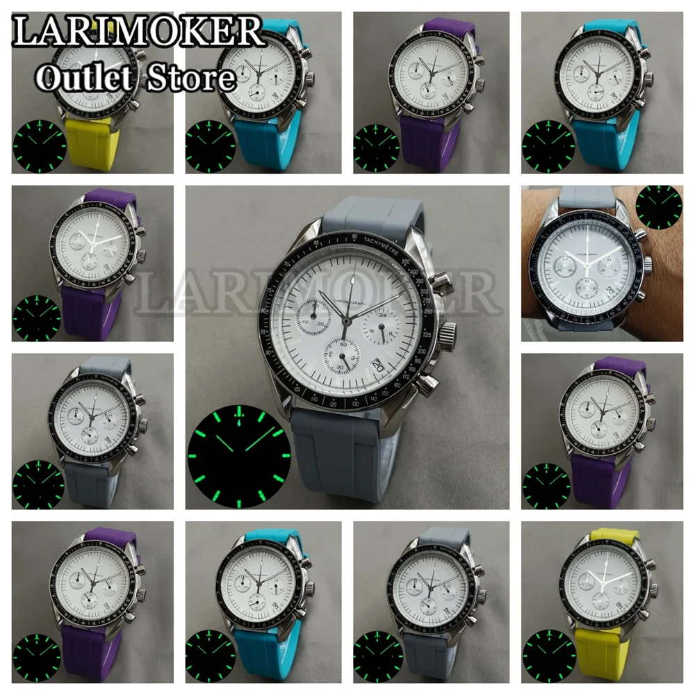 

LARIMOKER 40mm Men Quartz Chronograph watch VK63 Quartz Fluororubber strap For Mineral coating Glass Waterproof Green Luminous