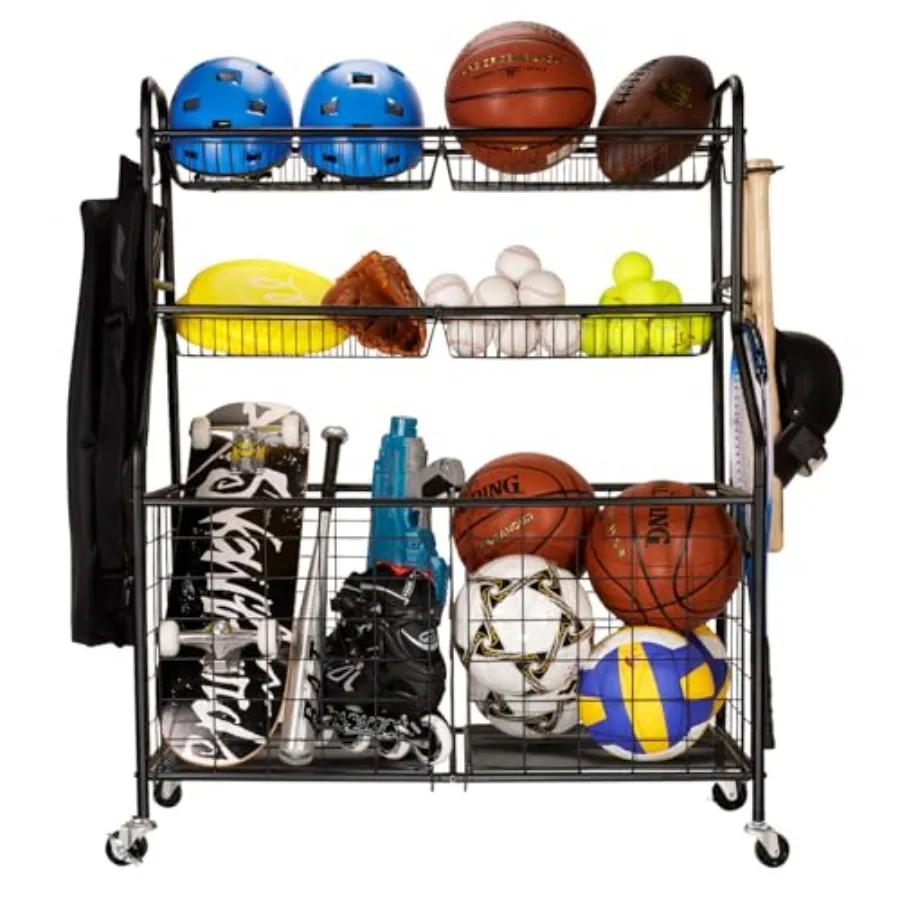 

WEYMILA Garage Storage Rack for Sports Equipment Steel Basketball Holder with Baseball Bat Bracket and Hooks Easy Assembly Orga