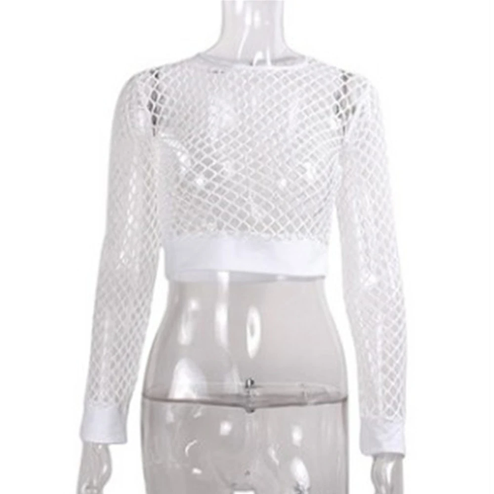 Sexy Fishnet See Through Y2k Crop Top T-shirts Woman Blouses 2022 Summer Long Sleeve Tshirt For Women Transparent Clothes Shirts