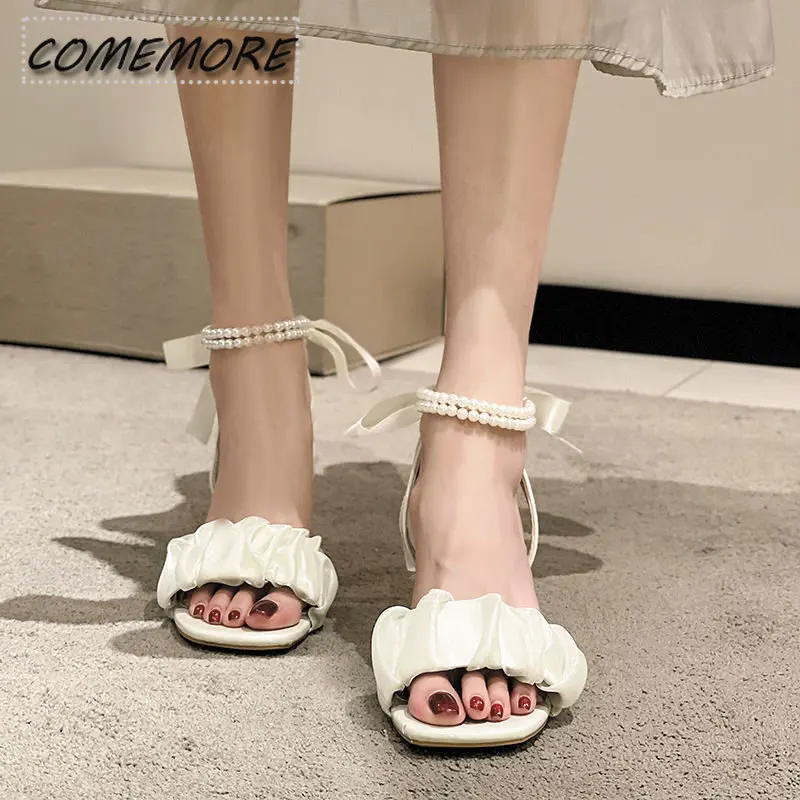 Clear Heels Party Sandals Woman 2023 Cross Buckle Strap Female Shoes Med Cross-Shoes High Girls Medium Fashion Summer Block Bow