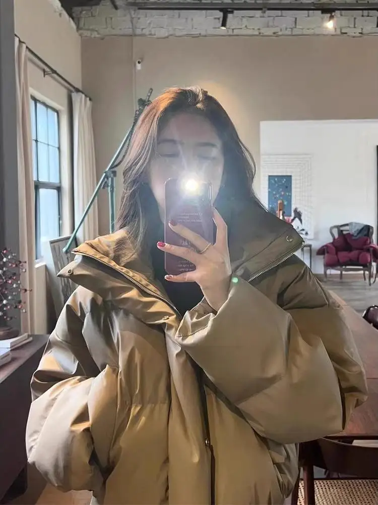 

Women's ort Thiened PU Leather Jaet Cotton Coat Bread Sle Retro American Casual Long Sve Zipper Closure Warmth