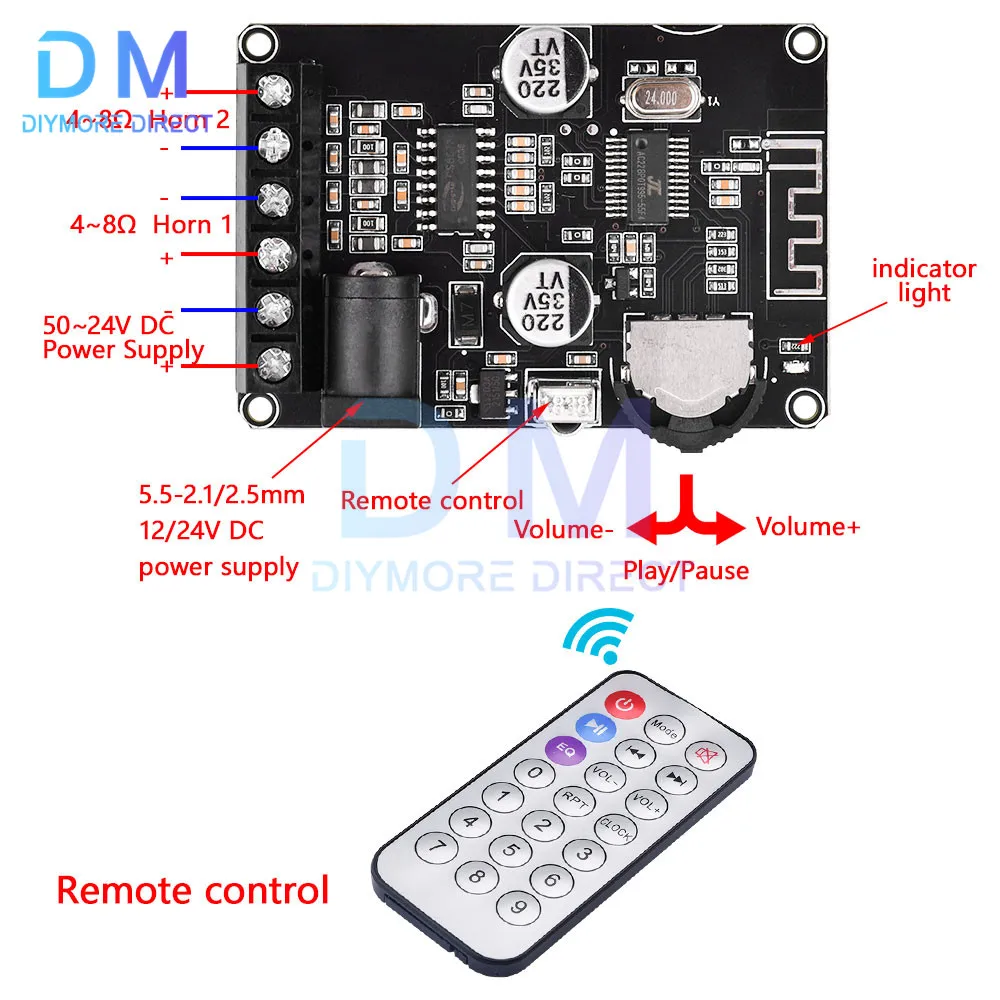 40W Stereo Bluetooth Power Amplifier Board 5V/12V/24V High Power Digital Amplifier Module XY-P40W