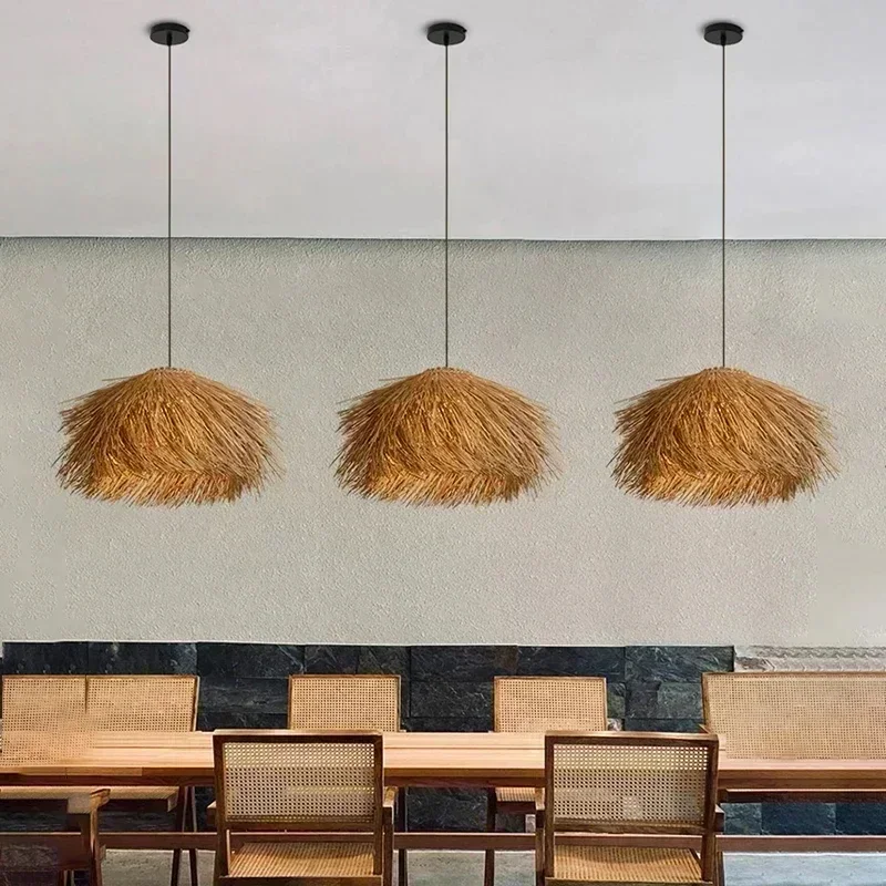 Japanese Straw Woven LED Pendant Light Handmade Chandelier for Living Room Shop Bar Loft Ceiling Decor