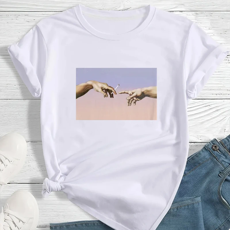 

Harajuku Women T Shirt Michelangelo Aesthetic Short Sleeve T-shirt Oil Painting Sky Print Top Female Clothes Unisex Clothing Y2k