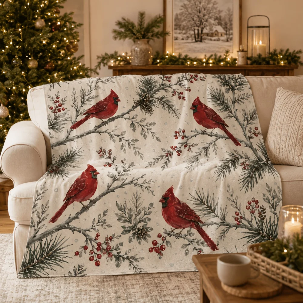 Christmas Cardinal Flannel Blanket Pine Branch Berry Winter Bird Throw Blanket for Sofa Bed Couch Bedroom Living Room Holiday Home Decor Seasonal Gift Cozy Nap Blanket Office Travel Woodland Bedding Farmhouse Christmas Gift Winter Room Accent