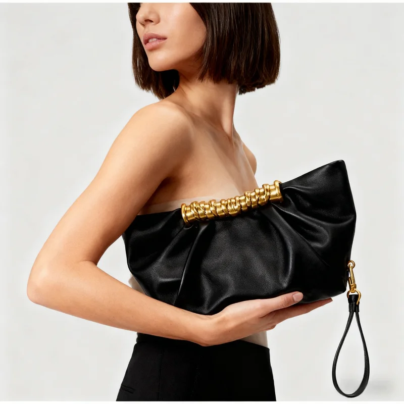 

Luxury Leather Clutch Bag Women's Gold Chain Handle Evening Shoulder Bag Brand Elegant French Ruched Design Party Crossbody Bag