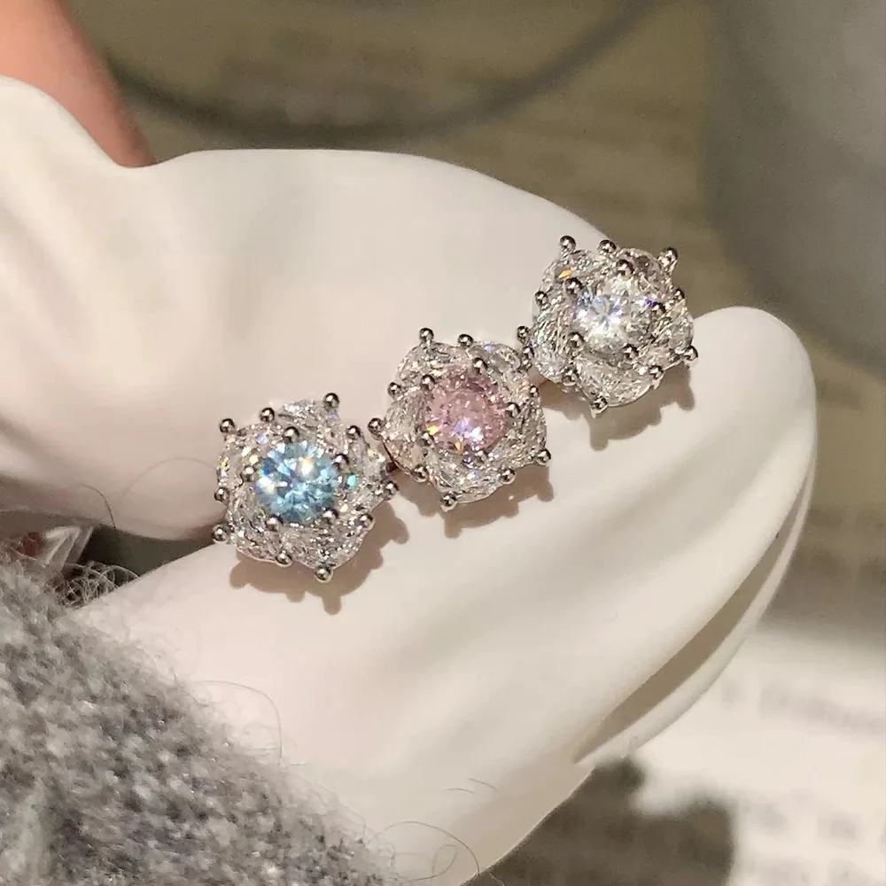 Dainty Sweet 3 Colors Snowflake Cluster Ice Flower Zircon 925 Sterling Silver Stud Earrings for Women Temperament Jewelry Gifts