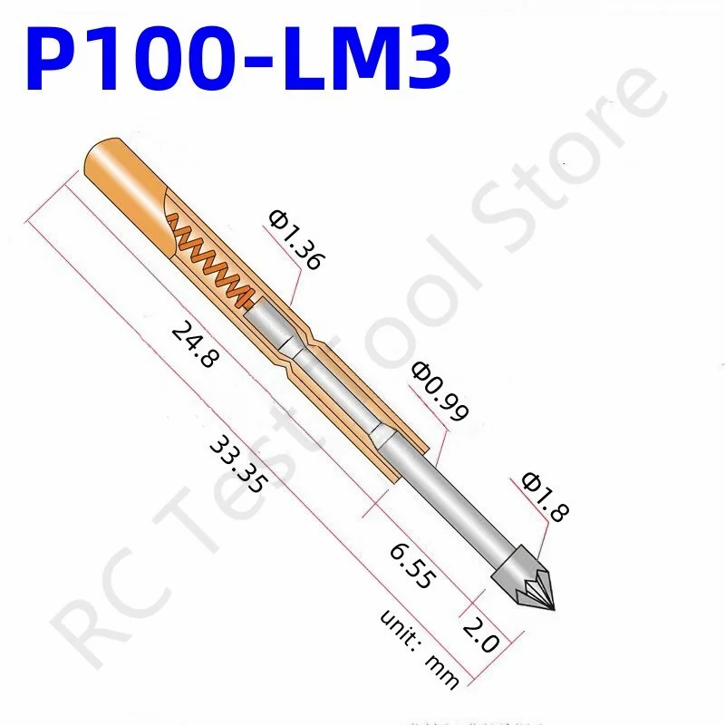 

100PCS P100-LM3 Spring Test Probe BrassTube Spring Test Pin Length 33.35mm Needle Dia 1.36mm Pogo Pin P100-LM Pin Head Dia 1.8mm