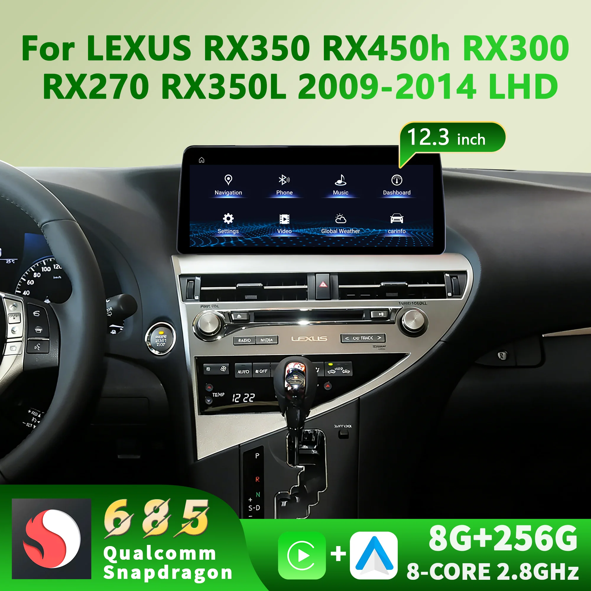 12.3'' For LEXUS RX350 RX450h RX300 RX270 RX350L 2009-2014 Car Radio Snapdragon 685 Carplay Android 14 GPS Navi BT Touch Screen