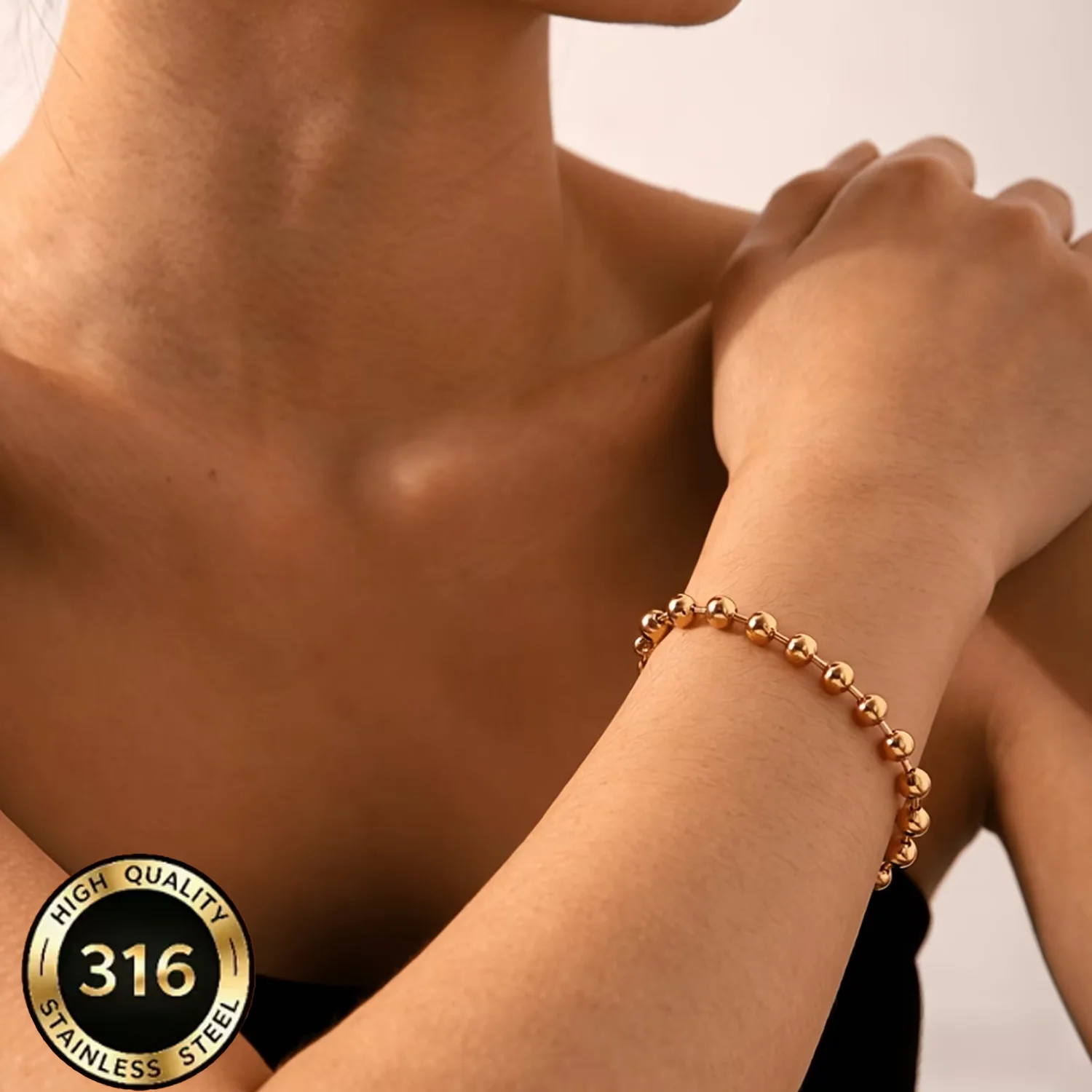 316L Light Luxury Niche Round Bead Bracelet, Non-Fading, 18K Gold Plated, Stackable Jewelry for Men and Women Daily Wear