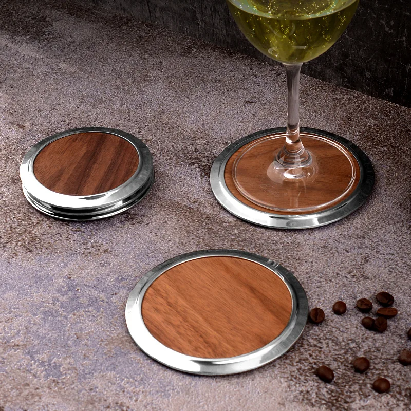 Stainless Steel Walnut Wood Cup Coaster Under the Glass Holder Goblet Wine Coffee Tea Thermal insulation Table Mat Pad 3Pcs