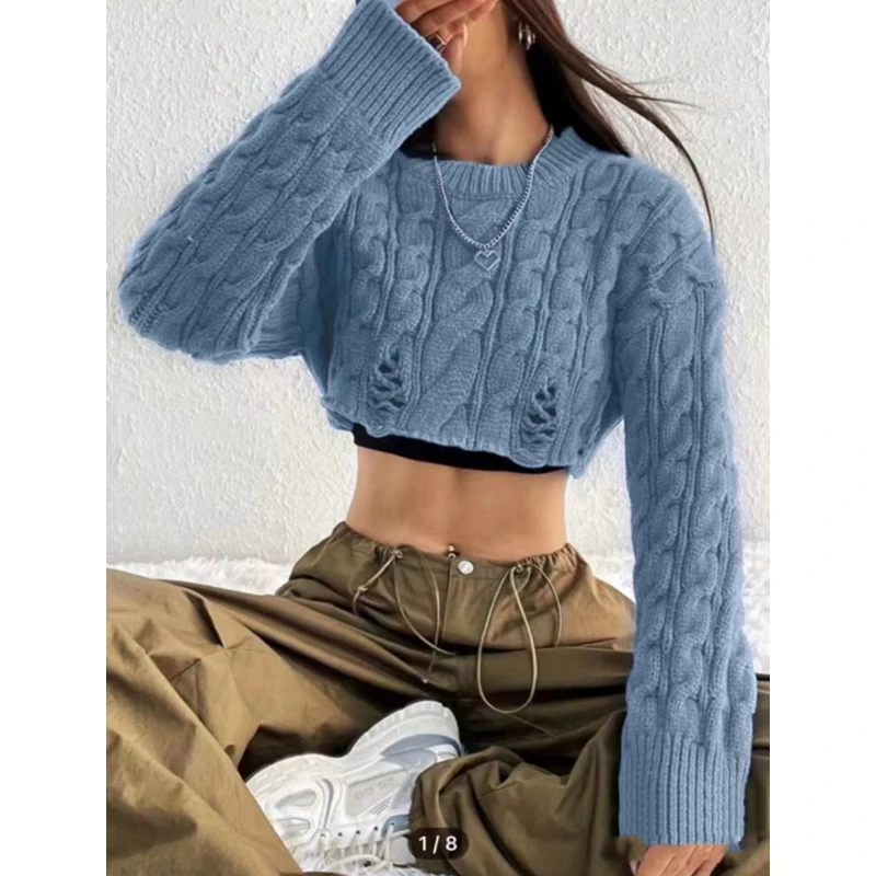 Korean Knitted Sweater Women Round Neck High Waist Short Style Pullover Long Sleeve Top