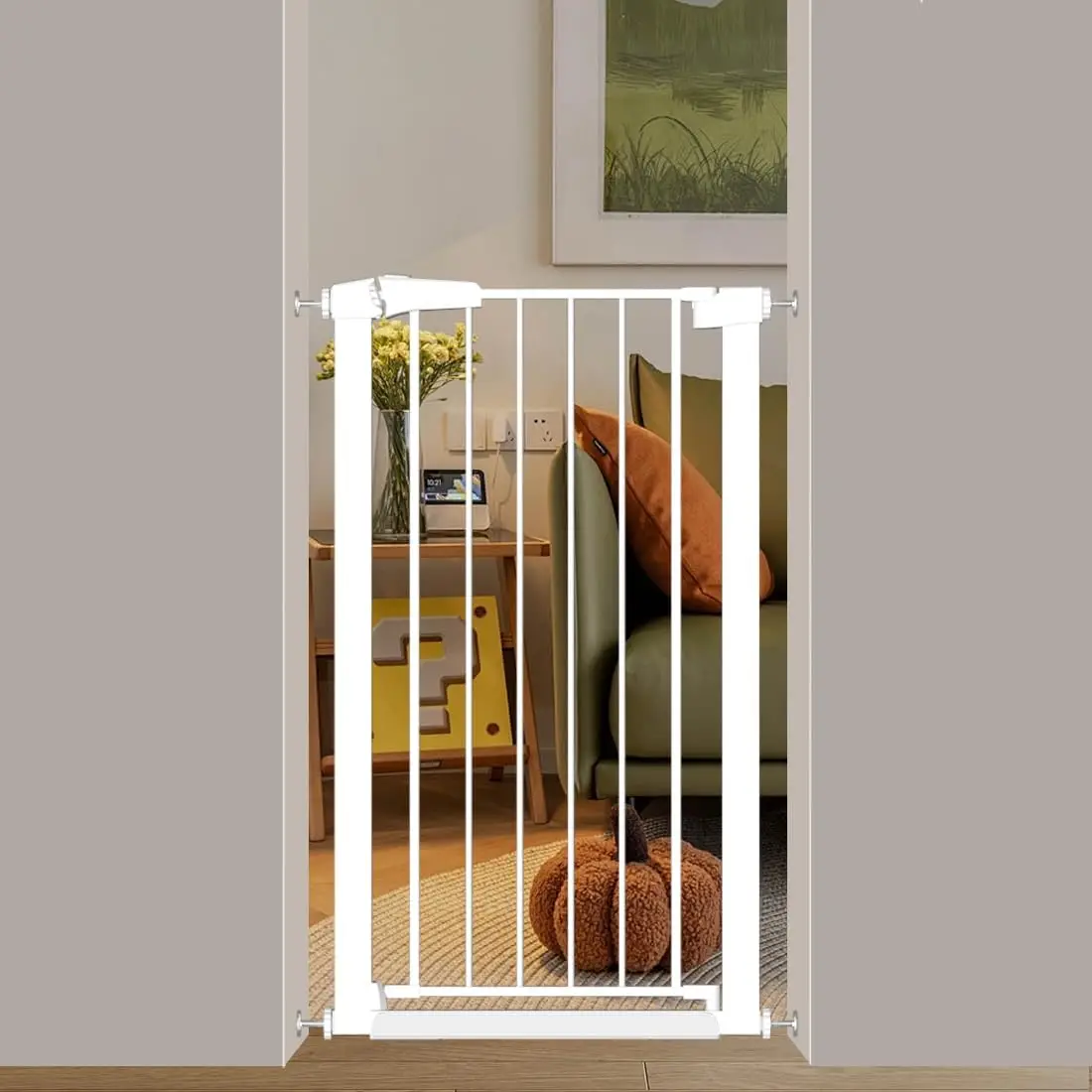 

Регулируемая защитная решетка для детей и животных, 38 дюймов в высоту, с креплением под давлением для лестниц и дверных проемов, белая