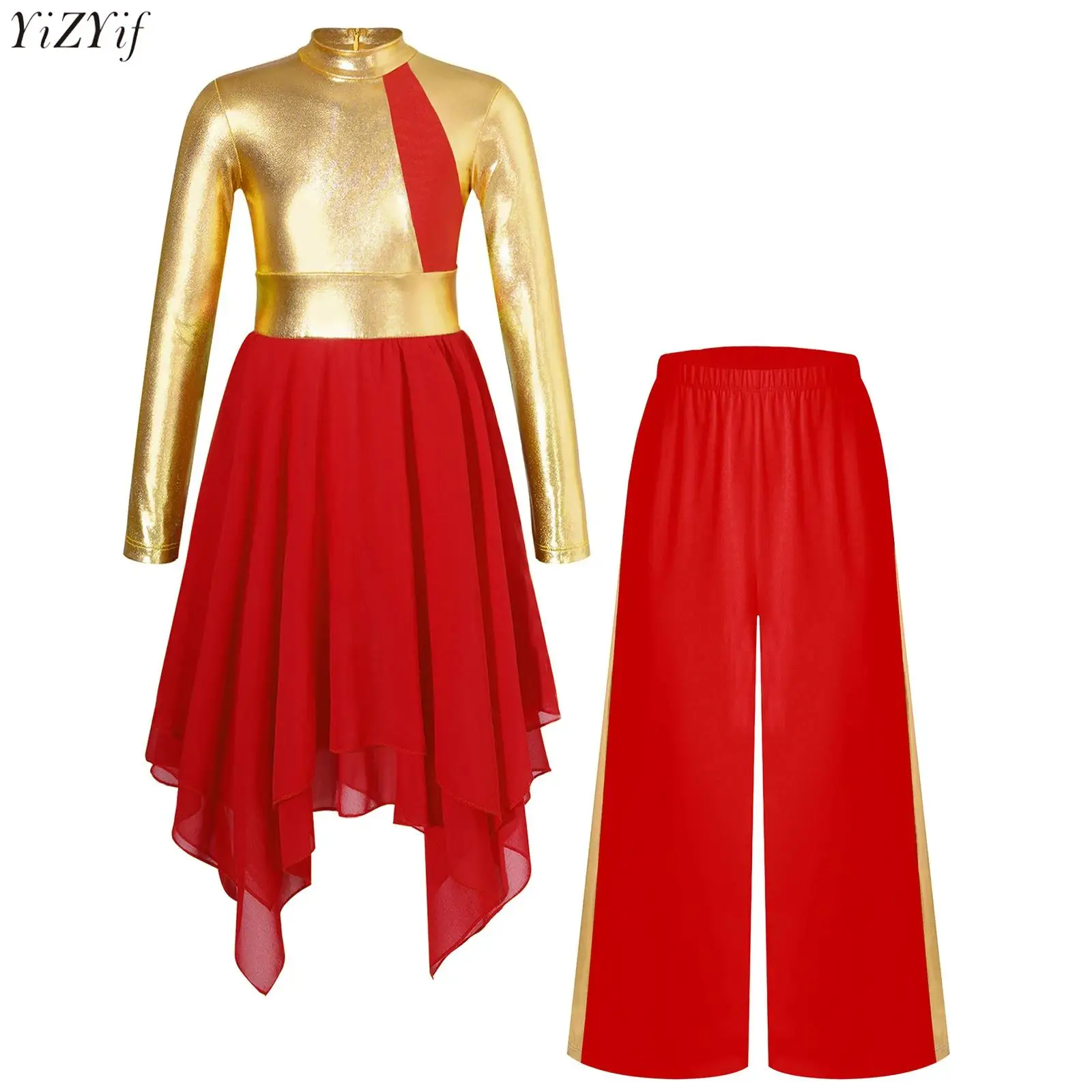 

Kids Girls Liturgical Lyrical Dance Outfit Long Sleeve Color Block Metallic Patchwork Zipper Modern Dance Dress+Wide-Leg Pants