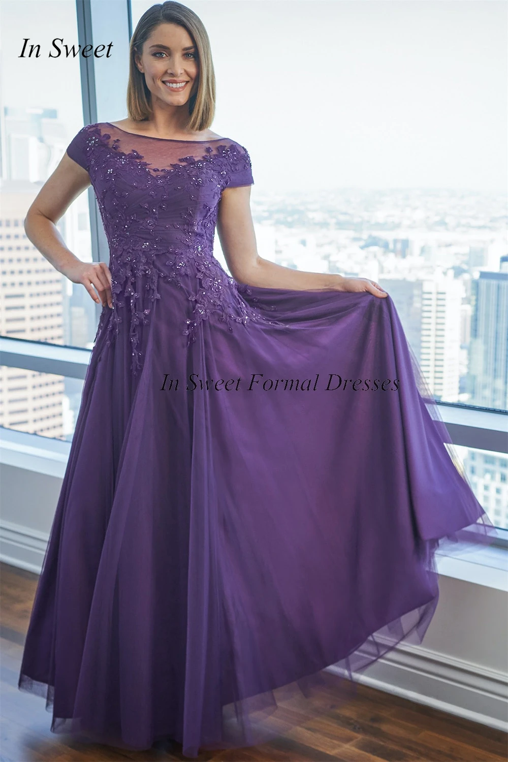 Customized Ball Modern Scoop Lavender Mother Of Bride Dresses Short Sleeves Tulle A-line Evening Plus Size Wedding Guest Gowns