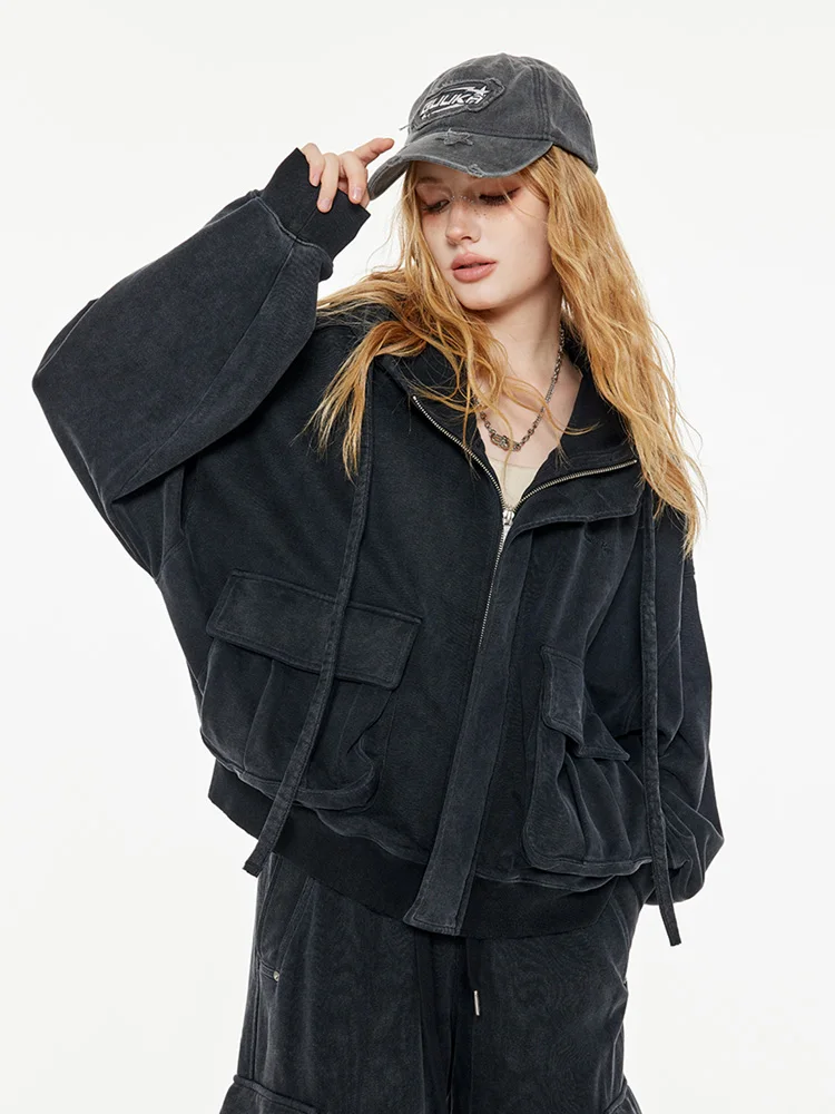 Guukahero Thickened Oversize Hoodie Women's Sweatshirt Warm Retro Black Coat Long Sleeve Zipper Closure  Color Commute S...