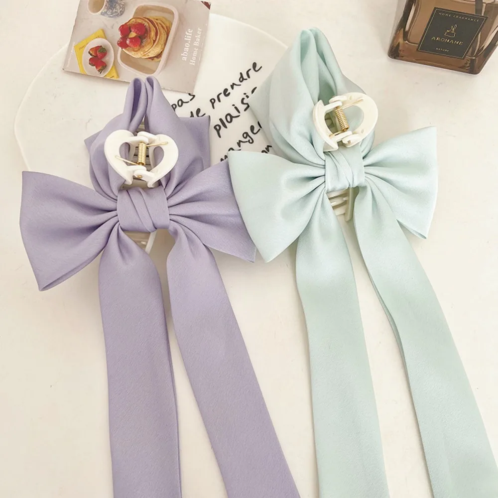 

Solid Color Ribbon Bow Hair Claw Korean Style Foldable Hair Crab Clip Plastic Hair Accessories Satin Shark Clip Gifts