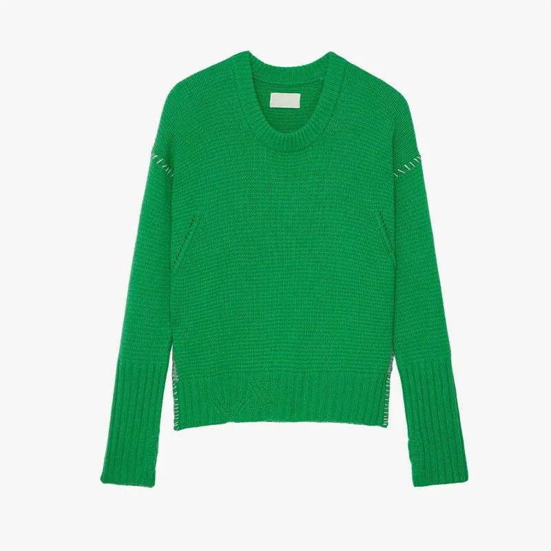 Zadig suéter de inverno feminino moda verde bordado casual malhas jumpers feminino gola redonda manga comprida suéter de caxemira tops