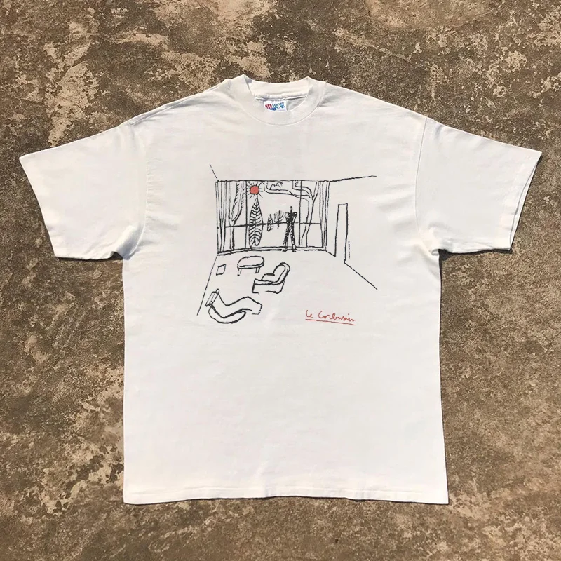 Hand-Drawn High-Street Oversize Short-Sleeve T-Shirt Fun Space 80s 90s Feeling Cotton Polyester Blend round Neck Summer Top