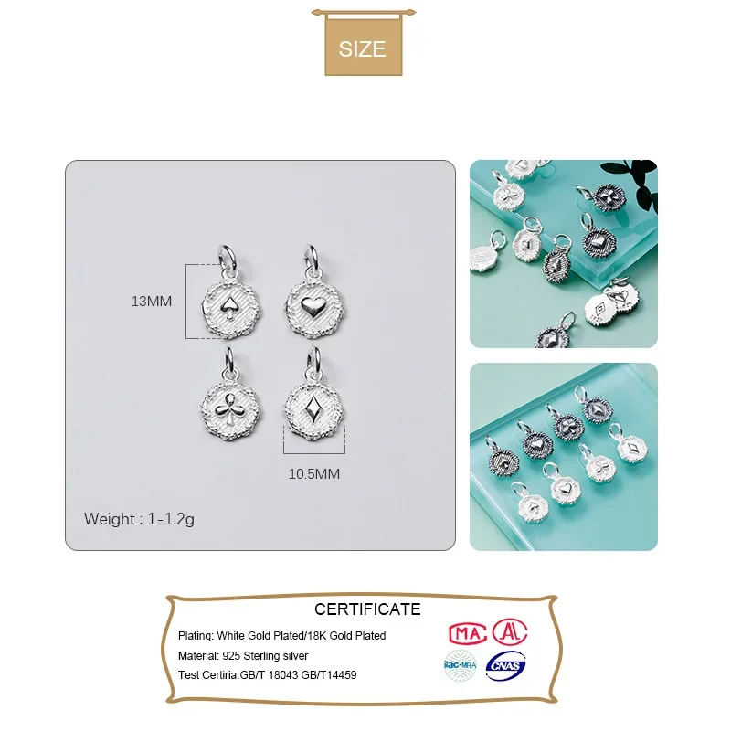 Trustdavis Real 925 Sterling Silver Fashion Sweet Playing CARDS Charm Pendant Handmade DIY Accessories Jewelry Wholesale DZ265