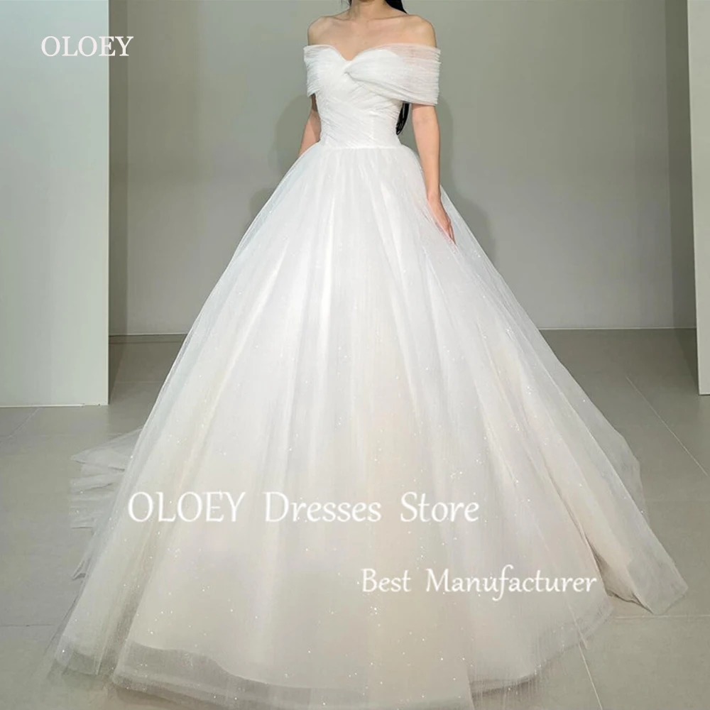 OLOEY Sparkly Shiny A Line Wedding Dresses Korea Photoshoot Short Sleeves Corset Back Bridal Gowns Robe de mariage Glitter