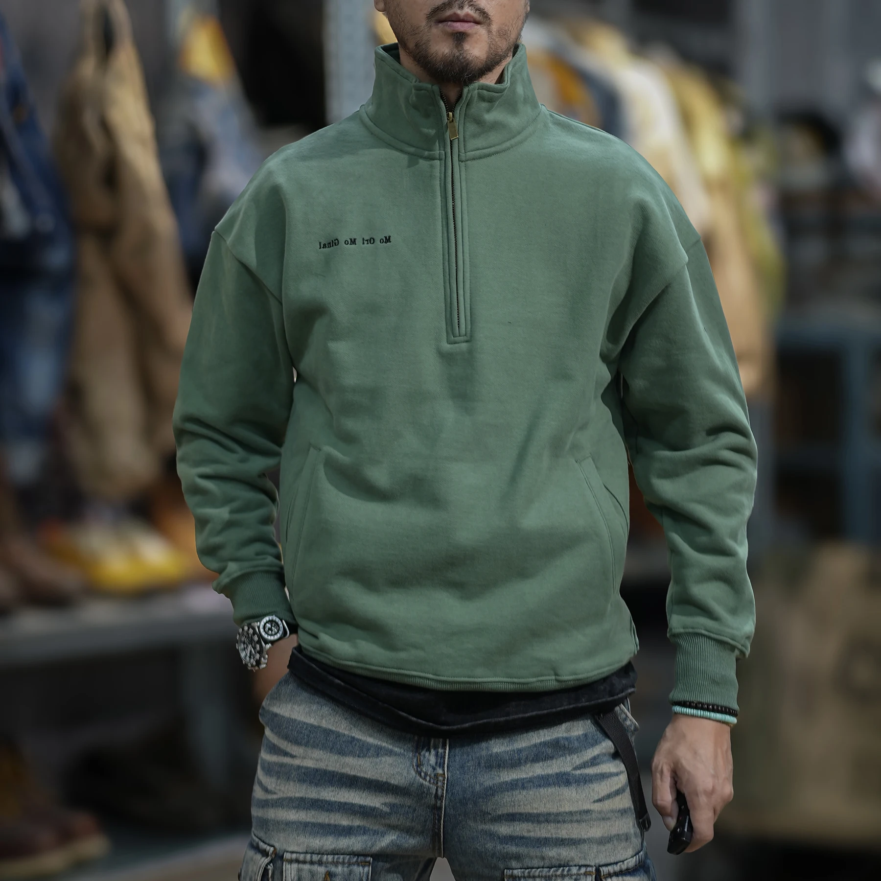 Marchio di moda autunno inverno spesso americano retrò felpa con cappuccio da uomo sciolto tendenza collo alto cerniera pullover giacca retrò casual