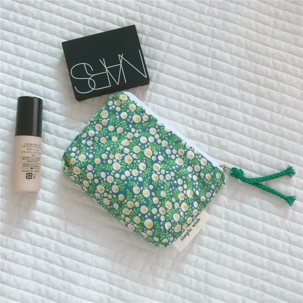 Girl Korean Green Cotton Cosmetic Bag Mini Zero Wallet Headset Lipstick Storage Bag Make Up Organizer Beauty Case Pouch